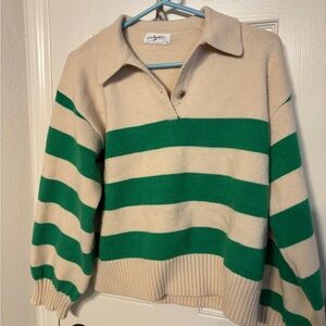Carly Jean Los Angeles Green and Cream V-Neck Sweater